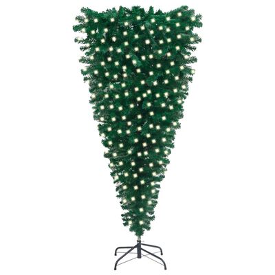 vidaXL Обърната изкуствена осветена коледна елха, зелена, 210 см