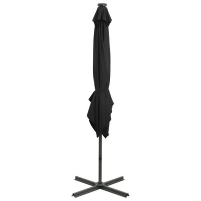 vidaXL Чадър с чупещо рамо, прът и LED лампи, черен, 250 см