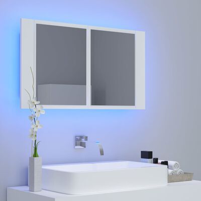 vidaXL Шкаф с LED огледало за баня, бял, 80x12x45 см, акрил