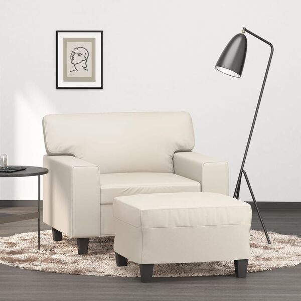 vidaXL Кресло с табуретка, кремаво, 60 см, изкуствена кожа