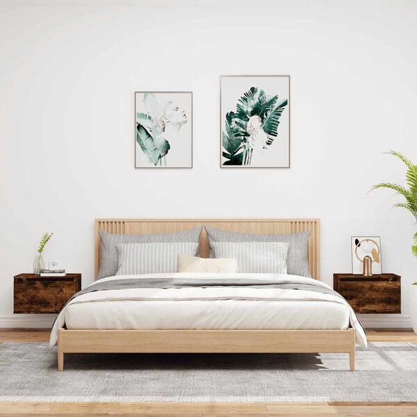 vidaXL Нощни шкафчета за стена с LED осветление, 2 бр, опушен дъб