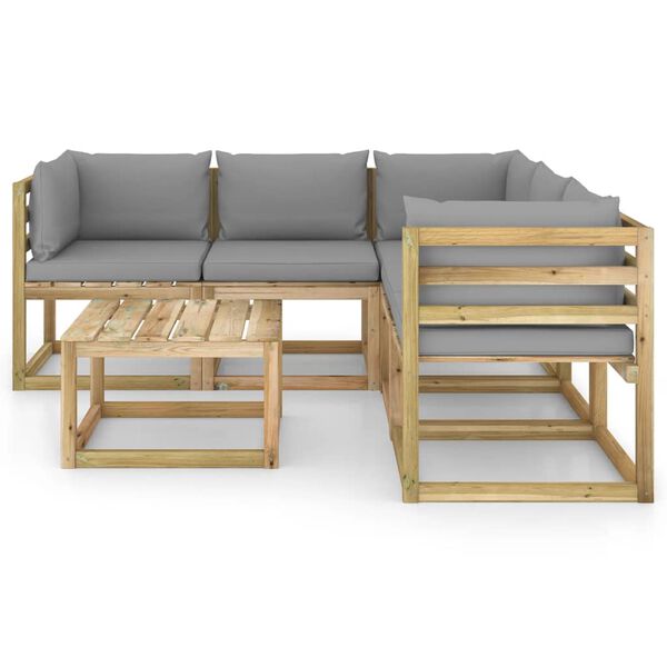 vidaXL Градински лаундж комплект от 6 части със сиви възглавници