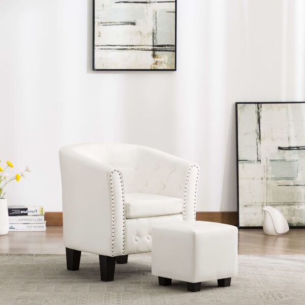 vidaXL Фотьойл с табуретка за крака, бял, изкуствена кожа