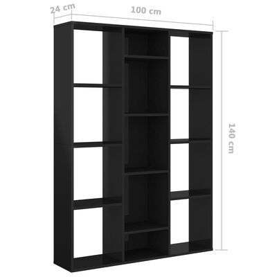 vidaXL Разделител за стая/библиотека, черен гланц, 100x24x140 см, ПДЧ