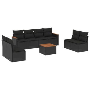vidaXL Градински комплект диван с възглавници 9 части черен полиратан
