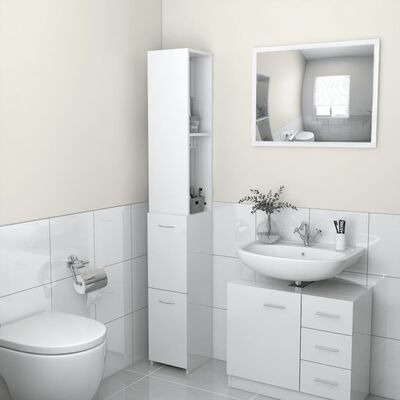 vidaXL Шкаф за баня, бял гланц, 25x26,5x170 см, инженерно дърво