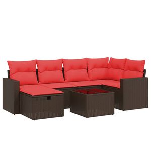 vidaXL Градински диван с възглавници, 7 части, полиратан, кафяв