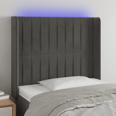 vidaXL LED горна табла за легло, тъмносива, 93x16x118/128 см, кадифе