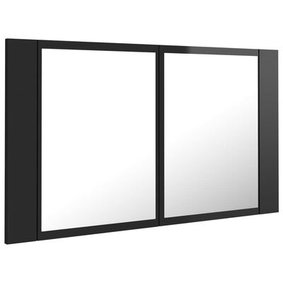 vidaXL Шкаф с LED огледало за баня, черен гланц, 80x12x45 см, акрил