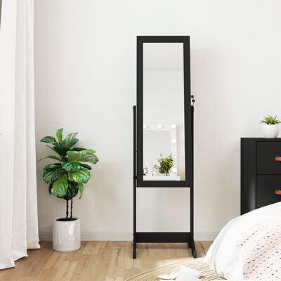 vidaXL Огледален шкаф за бижута с LED осветление, свободностоящ, черен