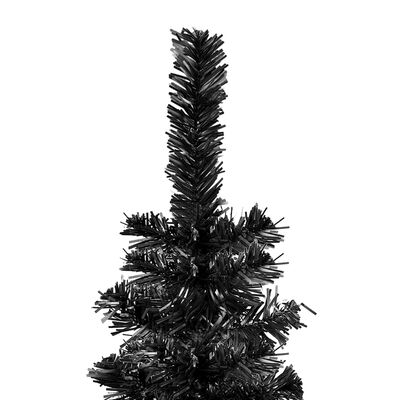 vidaXL Тънка изкуствена осветена коледна елха с топки, черна, 180 см