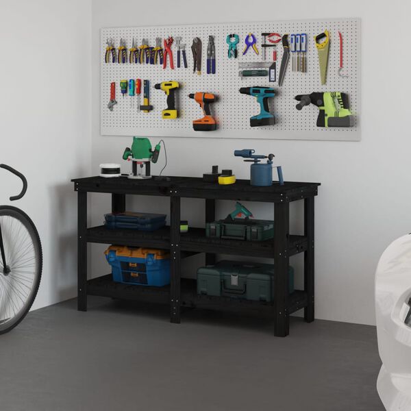 vidaXL Работна маса черна 142,5x50x80 см борово дърво масив