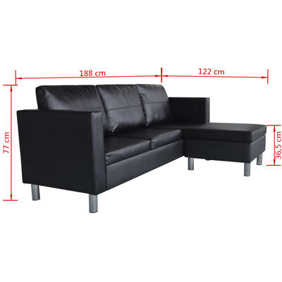 vidaXL Триместен L-образен диван, изкуствена кожа, черен