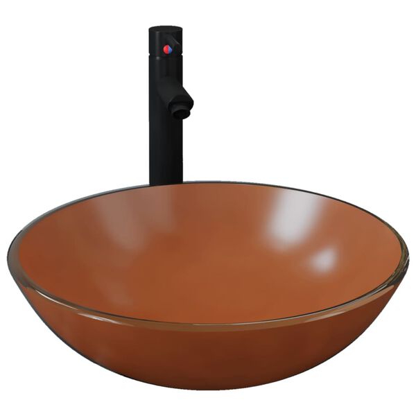 vidaXL Мивка за баня с кран и сифон, кафяво закалено стъкло