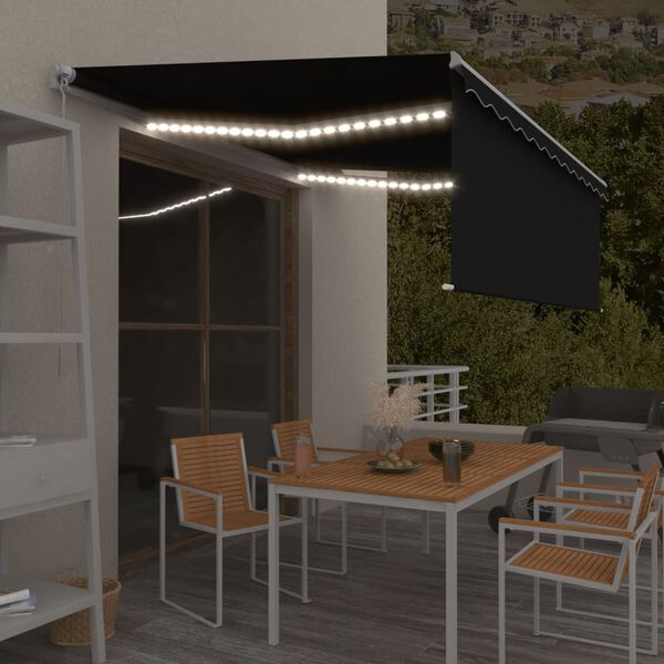 vidaXL Ръчно прибиращ се сенник с щора и LED, 4,5x3 м, антрацит
