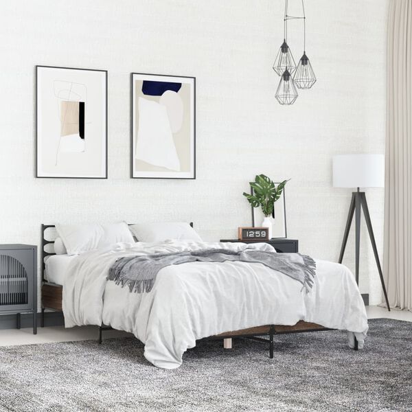 vidaXL Рамка за легло, кафяв дъб, 140x200 см, инженерно дърво и метал