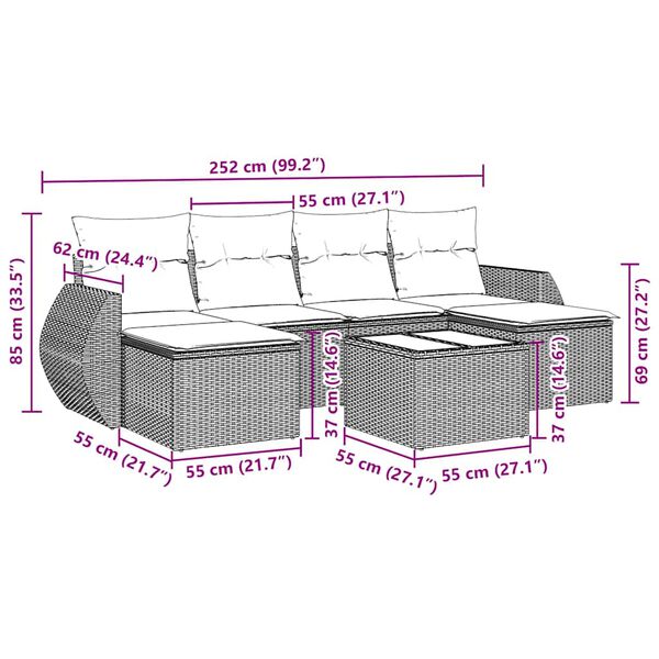 vidaXL Градински комплект диван с възглавници 7 части черен полиратан