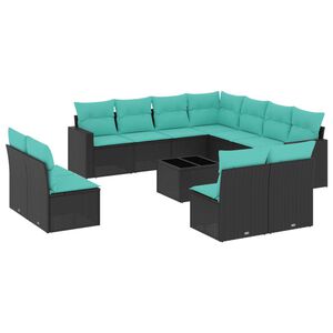 vidaXL Градински диван с възглавници, 12 части, черен, полиратан