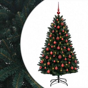 vidaXL Изкуствена коледна елха, тъмнозелена, с топки 150 см