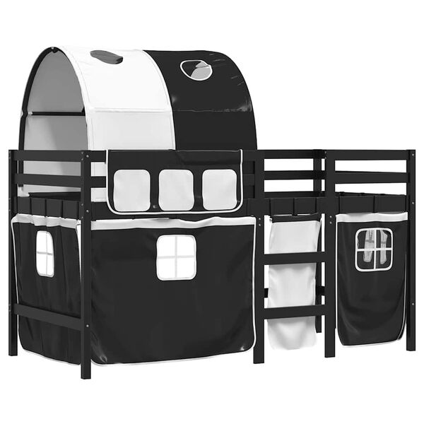 vidaXL Детско високо легло с тунел, бяло и черно, 90x190 см, бор масив