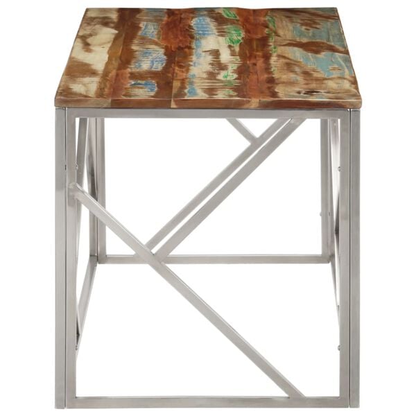 vidaXL Кафе маса, сребриста, инокс и масивно регенерирано дърво