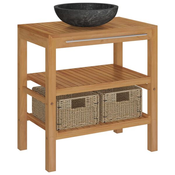 vidaXL Шкаф за баня от тиково дърво масив с черна мивка от мрамор