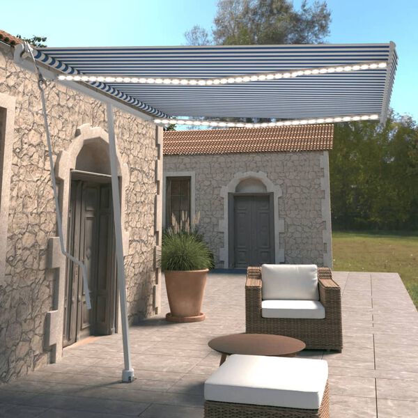 vidaXL Автоматичен сенник LED сензор за вятър 300x250 см синьо и бяло