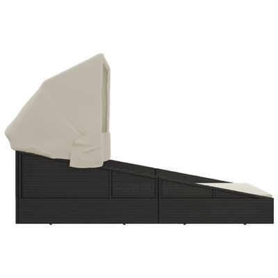 vidaXL Шезлонг със сгъваем покрив, черен, 200x114x128 см, полиратан