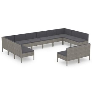 vidaXL Градински комплект с възглавници, 12 части, полиратан, сив