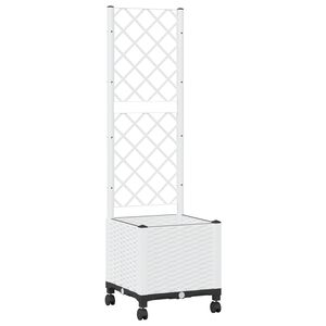 vidaXL Градински сандък с решетка и колела Бяло 40 x 40 x 146 см ПП
