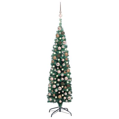 vidaXL Тънка изкуствена осветена коледна елха с топки, зелена, 120 см