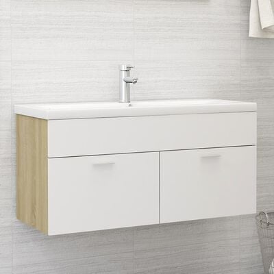 vidaXL Долен шкаф за мивка, бяло и дъб сонома, 100x38,5x46 см, ПДЧ