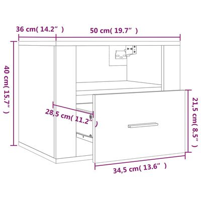 vidaXL Нощно шкафче за стенен монтаж, Бетонно сиво, 50x36x40 см