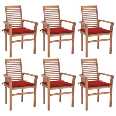 vidaXL Трапезни столове 6 бр с червени възглавници тиково дърво масив
