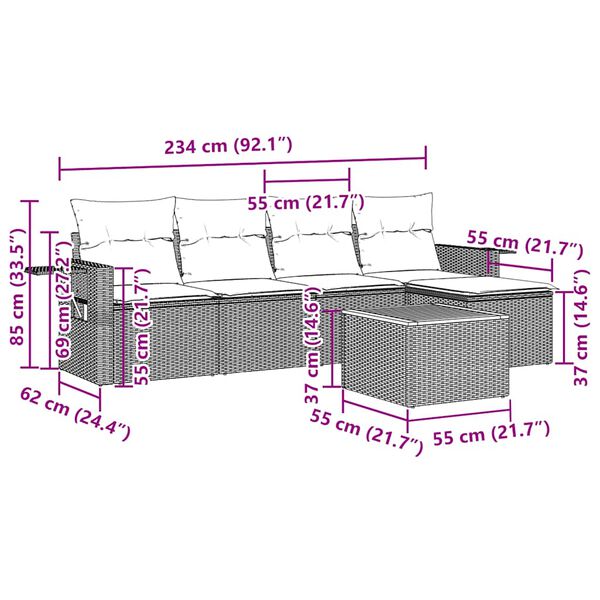 vidaXL Градински диван с възглавници, 6 части, черен, полиратан