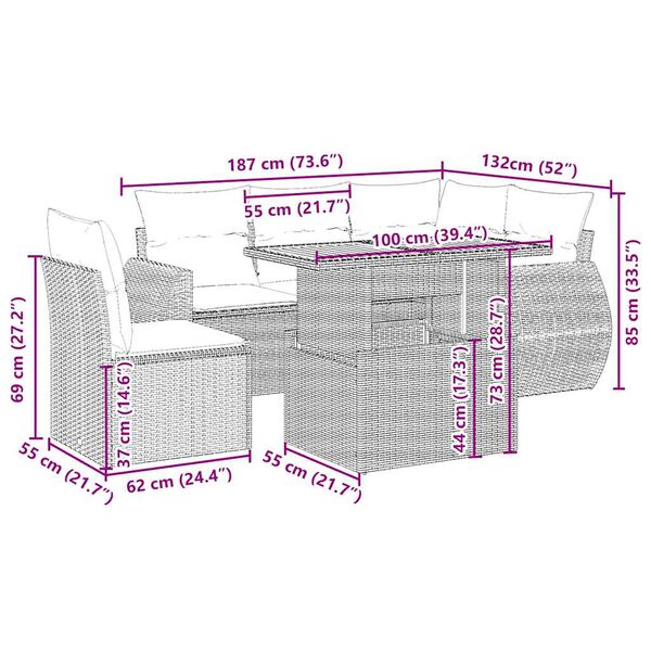 vidaXL Градински диван с възглавници, 6 части, бежов полиратан