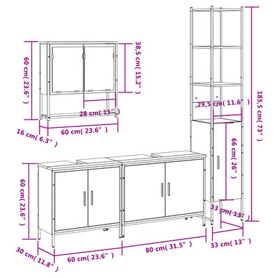 vidaXL Комплект мебели за баня от 4 части сив сонома инженерно дърво