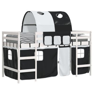 vidaXL Детско високо легло с тунел, бяло и черно, 80x200 см, бор масив