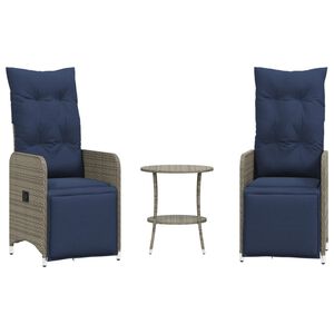 vidaXL Градински столове с разтегателен механизъм, 2 бр., с маса, сиви, полиратан