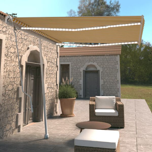 vidaXL Автоматичен сенник LED и сензор за вятър 300x250 см жълто/бяло