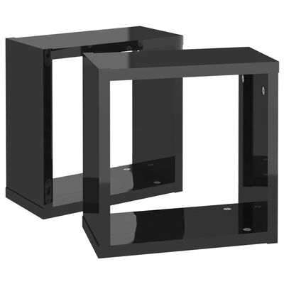 vidaXL Стенни кубични рафтове, 2 бр, черен гланц, 30x15x30 см