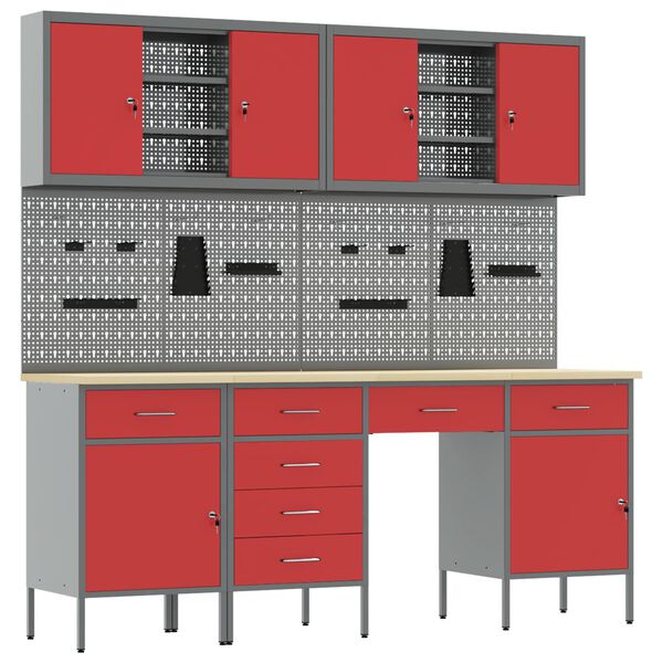 vidaXL Работен кабинет 10 pcs Червено Инженерна дървесина и стомана