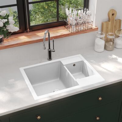 vidaXL Кухненска мивка с преливник, двойно корито, бяла, гранит