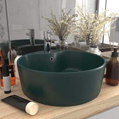 vidaXL Луксозна мивка с преливник тъмнозелен мат 36x13 см керамика