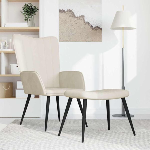 vidaXL Стол за релакс с табуретка, кремавобял, кадифе