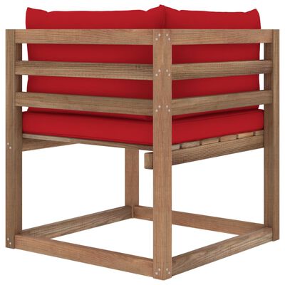 vidaXL Градински палетен ъглов диван с червени възглавници