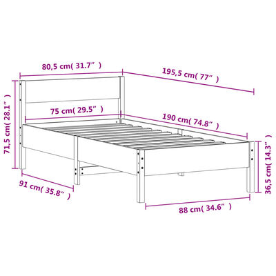 vidaXL Рамка за легло с табла, восъчнокафяв, 75x190 см, бор масив