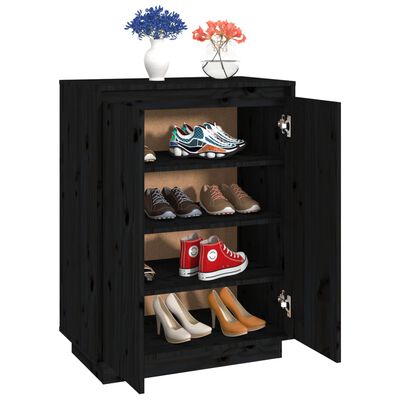vidaXL Шкаф за обувки, черен, 60x35x80 см, бор масив