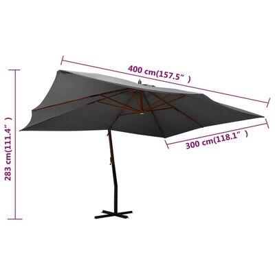 vidaXL Конзолен чадър с дървен прът, 400x300 см, антрацит