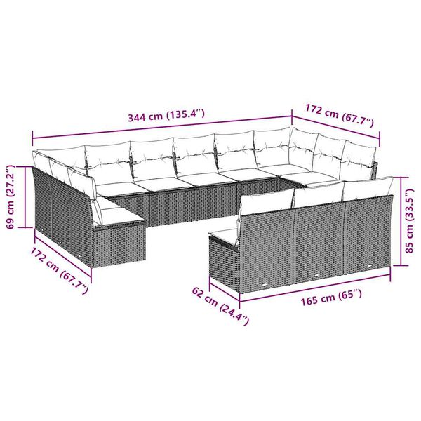 vidaXL Градински комплект с възглавници, 13 части, кафяв, полиратан